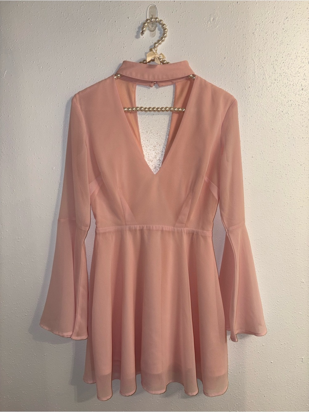 a'gaci Soft Pink Chiffon Halter V-Neck Bell Sleeve Skater Dress